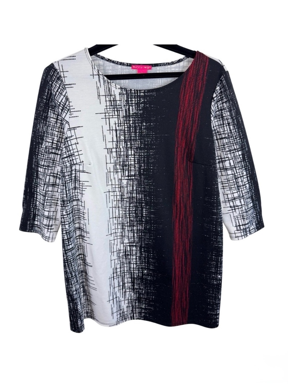Sunny Leigh Womens Large Black White Red Abstract 3/4 Sleeve Knit Tunic Top